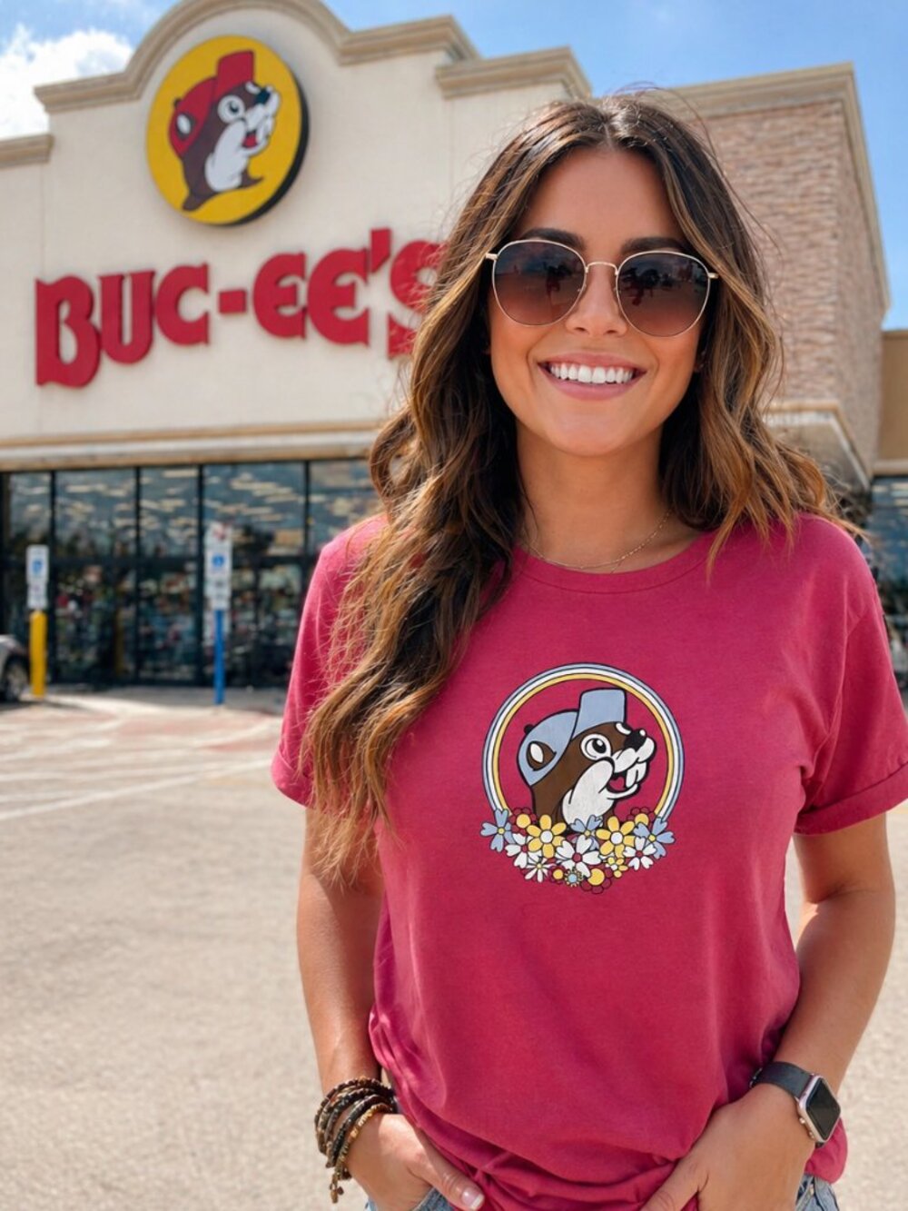 Women's Buc-ee's "Happy Place" Floral Pink Graphic T-Shirt - Sz L
